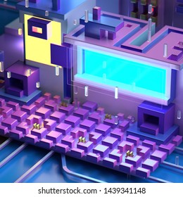 3d rendering of abstract night cityscape. Cyberpunk futuristic cartoon design. Blue, pink, purple and yellow neon colorful signs. Pixel art game style. Voxel cubic structure.  