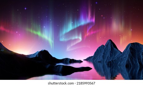 3d rendering  abstract panoramic background  Aurora borealis above the fjords  Terrain landscape and water   rocky mountains under the colorful sky  fantasy wallpaper and seascape