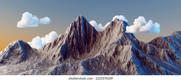 3d rendering  abstract panoramic background  Terrain landscape  white clouds behind the rocky mountains  Fantasy wallpaper