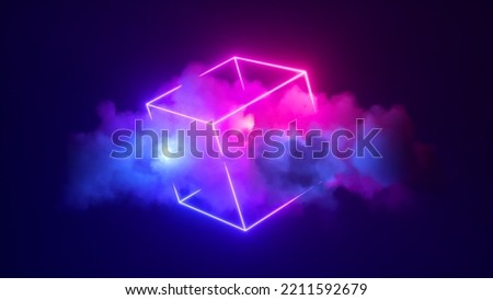 3d rendering, abstract pink blue neon background with glowing cloud and cube box geometric shape