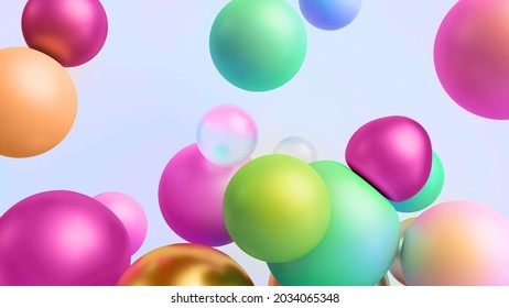 3d rendering, abstract pink green glass and golden balls isolated on white background, assorted colorful particles macro. Modern minimal geometric wallpaper