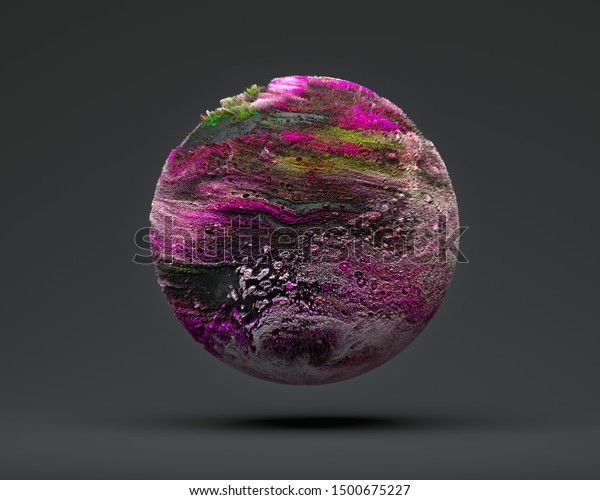 3d rendering of abstract\
planet earth with kraters mountains in purple green black and white\
colors