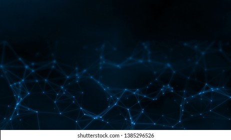 3D Rendering Of Abstract Polygonal Space Low Poly Network Nodes With Connected Dots And Lines On Dark Blur Blue Tone Background. Concept For Digital Technology, Telecom, Big Data, Ai, Block Chain