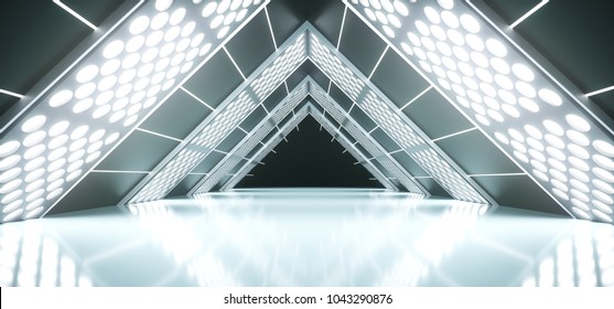 3D Rendering Of Abstract Realistic Triangle Sci-Fi Corridor With Lighted Grid Mesh