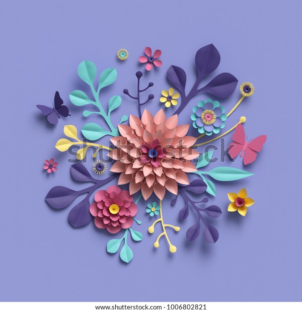 3dレンダリング 抽象的な丸い花束 植物の背景 ブライダル紙の花 パターン ペーパークラフト キャンディパステルの色 明るい色合いのパレット のイラスト素材