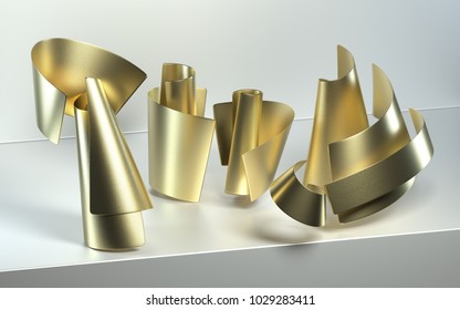 3d Rendering Of Abstract Scene With Geometric Objects. Realistic Glossy Gold Metal With Rough Texture. Composition With Simple Shapes, Bend Shiny Paper Cones On White Background. Roll Cardboard Pages