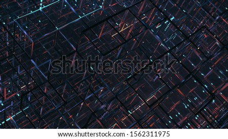 3D Rendering of abstract sci fi structure with red and blue led glow lights. Rectangle cube box geometry shape. Concept for technology advancement, business data management, big data processing