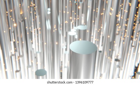 3d Rendering Of Abstract Shiny Metallic Cylinders With Floating Orange Embers In Background And Bokeh