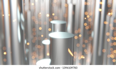 3d Rendering Of Abstract Shiny Metallic Cylinders With Floating Orange Embers In Background And Bokeh 