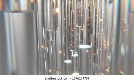 3d Rendering Of Abstract Shiny Metallic Cylinders With Floating Orange Embers In Background And Bokeh 