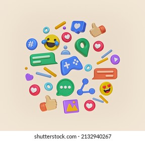 3d Rendering. Abstract Social Media And Technology Icons. Colorful Design.