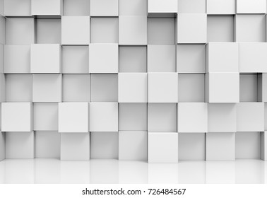 3d Rendering. Abstract Stack Of Random Luxury White Cube Boxes Wall Design Background.