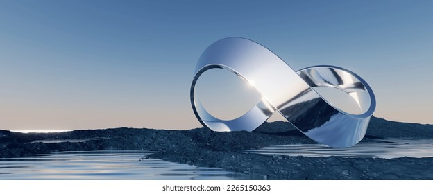 3d rendering  abstract surreal background and geometric infinity shape  minimalist zen scenery  panoramic seascape wallpaper  Calm water  black seashore  chrome moebius loop   blue gradient sky
