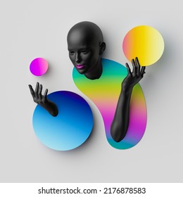 3d Rendering, Abstract Surreal Fashion Collage With Colorful Geometric Shapes, Black Mannequin Body Parts. Woman Bald Head And Hands. Modern Fashion Concept