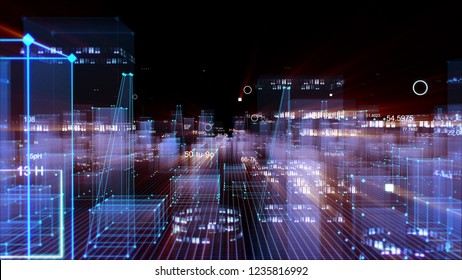 3D rendering abstract technological digital city from data in cyberspace, information storage in the information space