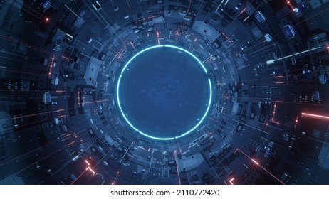 3D Rendering of abstract technology product display background. Glowing Sci-fi circle circuit hud on blue dotted data and micro chips background.