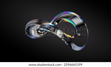 3D rendering of an abstract transparent object, curved in the shape of an infinity symbol, displaying a dispersion of colors along its edge, isolated on a black background. Minimalist aesthetic design