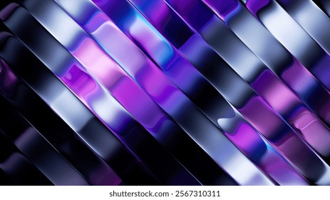 3D rendering, abstract ultraviolet background. Diagonal composition of rippled metallic ribbons. Iridescent foil divided into wavy stripes. Trendy fashion wallpaper