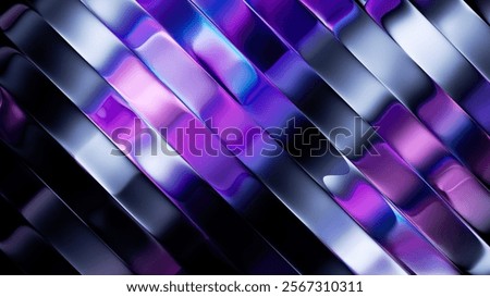 3D rendering, abstract ultraviolet background. Diagonal composition of rippled metallic ribbons. Iridescent foil divided into wavy stripes. Trendy fashion wallpaper
