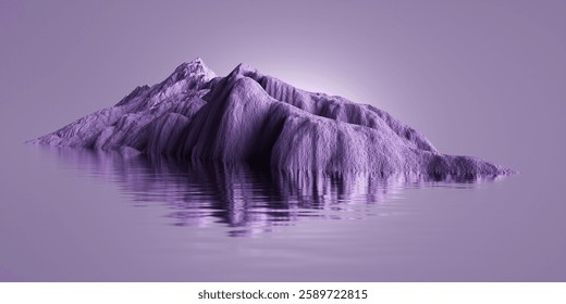 3D rendering of an abstract, unique landscape. Lone mountain in the middle of nowhere. Violet rock reflected in calm water over the pale background. Minimalist, fantastic wallpaper