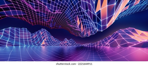 3d rendering, abstract virtual reality violet background, cyber space landscape with unreal mountains. Neon wireframe terrain