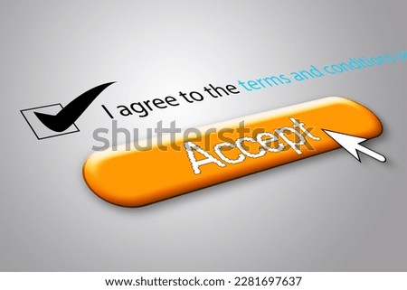 3D rendering of a 'Accept' button indicating agreement to terms and conditions on a white background.