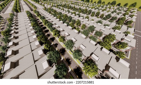 3d Rendering Of Aerial View Housing Development, Landscape Design, Architecture 