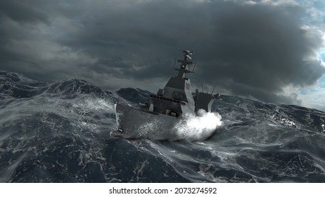 3d Rendering, Aerial View Of Naval Ship, Battle Ship, Warship, Military Ship Resilient And Armed With Weapon Systems