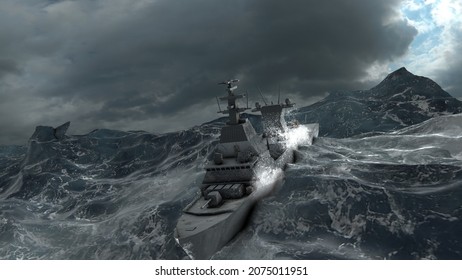 3d Rendering, Aerial View Of Naval Ship, Battle Ship, Warship, Military Ship Resilient And Armed With Weapon Systems, 3d Illustration