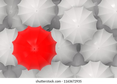 3d rendering. aerial view of a red one on other white umbrellas, outstanding or leadership in business concept.