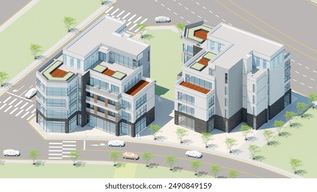 3d rendering of an aerial view of two modern, multi-story buildings with flat rooftops, large windows, and rooftop gardens