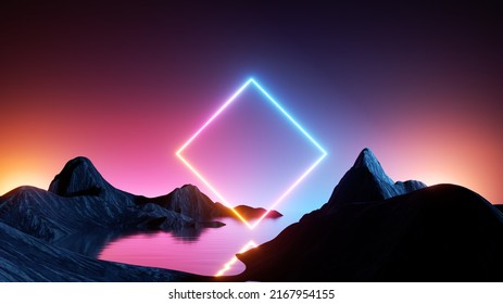 3d Rendering. Aesthetic Minimalist Wallpaper. Surreal Landscape With Rocky Mountains, Water, Fantastic Sunset Sky And Neon Square Shape. Abstract Background