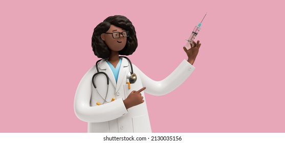 3d Rendering. African Woman Doctor Holds Syringe With Vaccine, Healthcare Professional, Black Female Cartoon Character Isolated On Pink Background. Medical Illustration