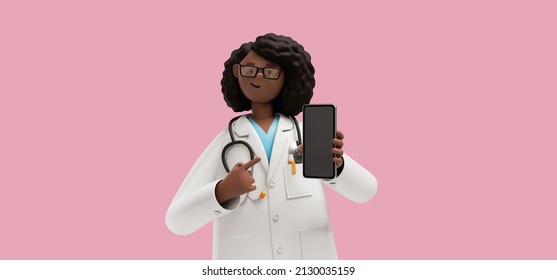 3d Rendering. African Woman Doctor Holds Mobile Phone With Blank Screen, Healthcare Professional. Black Female Cartoon Character Isolated On Pink Background. Medical Illustration