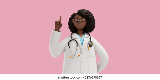 3d Rendering. African Woman Doctor In Glasses With Finger Up, Healthcare Professional. Black Female Cartoon Character Isolated On Pink Background. Medical Illustration, Idea Concept