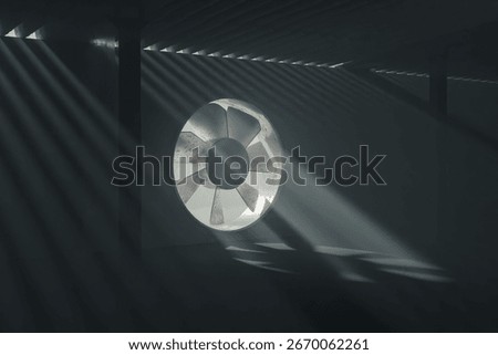 3D rendering of an aged turbine with light rays in concrete hangar. Artist-Created, not AI-generated