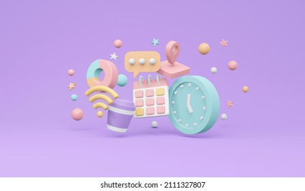3D Rendering of Agenda element icons calendar internet WiFi clock coffee cup speech bubble symbol location service on background concept of time management. 3D render illustration cartoon style.
