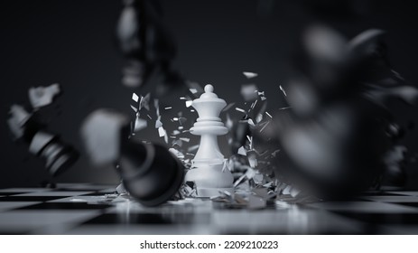 3d rendering, aggressive chess game white queen attacks and destroys other pieces. Damage metaphor, stressful situation, fight concept