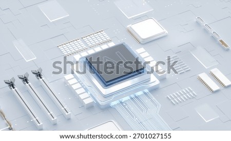 3D rendering of AI chip on futuristic circuit board for technology and innovation concepts	