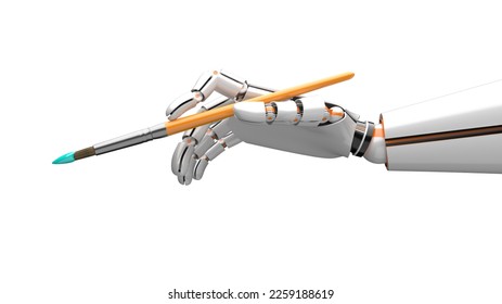 3D Rendering of an AI Robot Hand with Paint Brush Isolated Over White Background