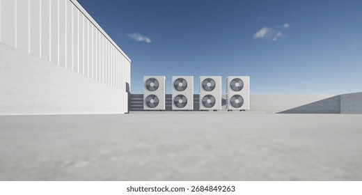 3D rendering of air condenser units with concrete floor on rooftop of factory building. Infrastructure utility or central heating and cooling functions of air conditioning HVAC systems.