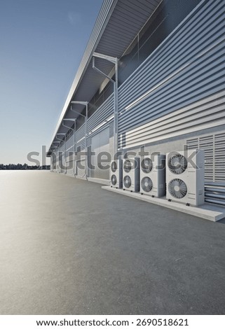 3D rendering of air conditioning system in vertical composition, Condenser units for heat ventilation outside factory building. HVAC technology for industrial cooling and climate control.