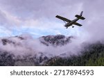 A 3d Rendering Aircraft. Background Landscape from BC, Canada. A small high-wing plane flies above a misty, forested valley in the BC mountains, conveying adventure and nature.