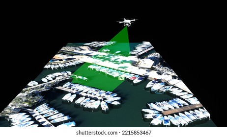 3D Rendering Of Air-maritime Control And Surveillance Of A Port By A Drone Quipped With Electro-optical And Thermal Cameras That Capture Images Of Maritime Areas Under Surveillance