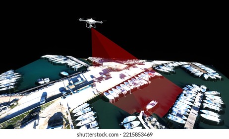 3D Rendering Of Air-maritime Control And Surveillance Of A Port By A Drone Quipped With Electro-optical And Thermal Cameras That Capture Images Of Maritime Areas Under Surveillance