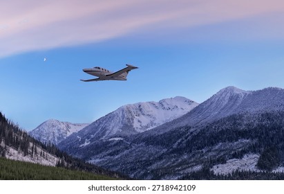 3d Rendering Airplane. Background from BC, Canada. A sleek private jet soars over snow-covered mountains at dusk beneath a pink and blue sky.
