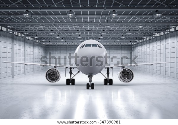 3d rendering airplane in\
hangar