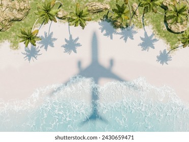 3D rendering of an airplane shadow cast over a white sandy beach lined with palm trees. Travel and summer holiday concept.