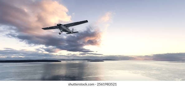 3D rendering of an airplane soaring over a tranquil ocean at sunset. The scene captures a stunning sky in the background in BC, Canada, creating a feeling of freedom and exploration.