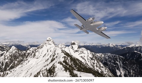 3D rendering airplane soaring over BC mountains amidst snowy peaks and vivid blue sky.